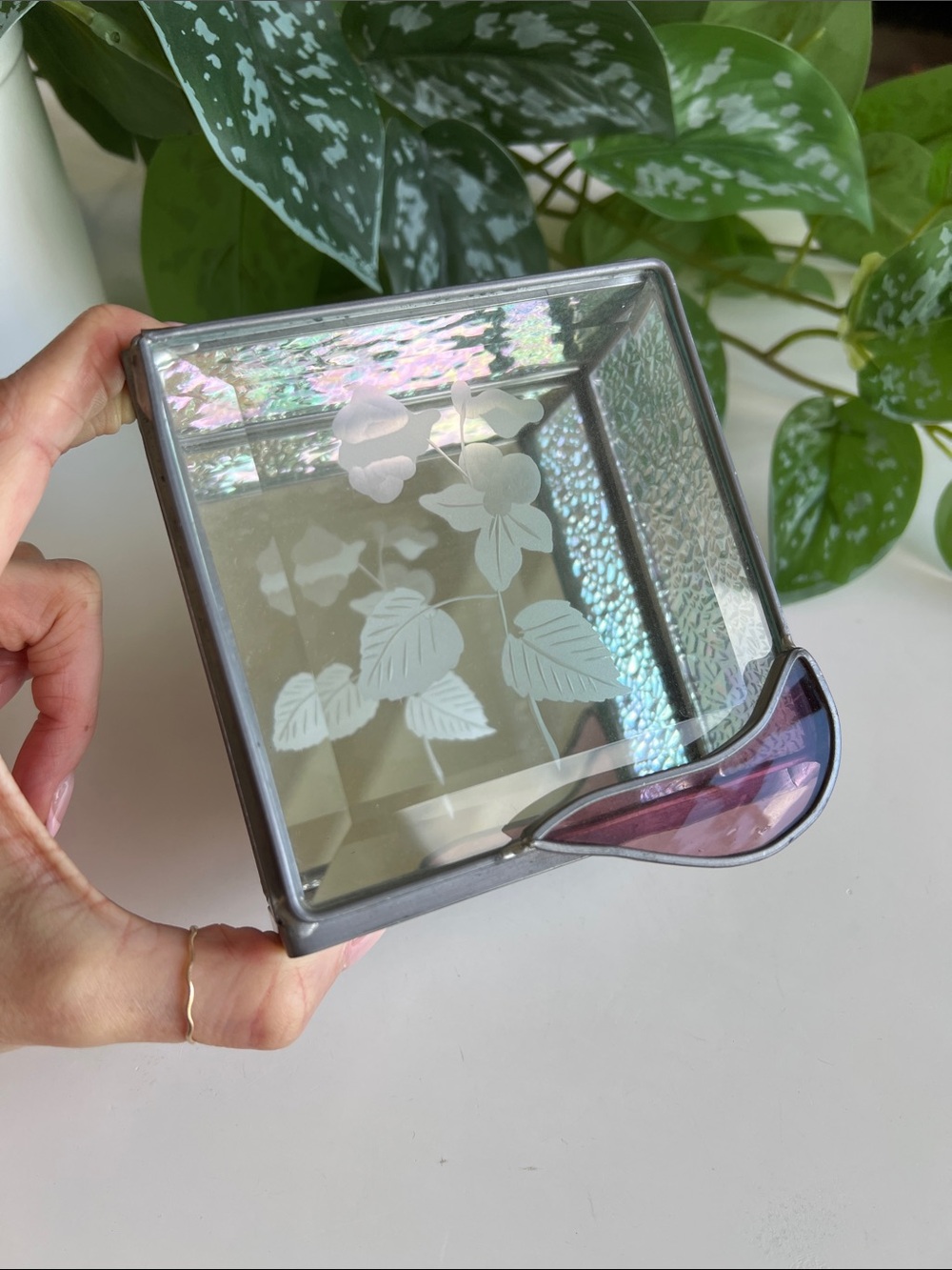Vintage Etched Floral Stained Glass Trinket Box Decor